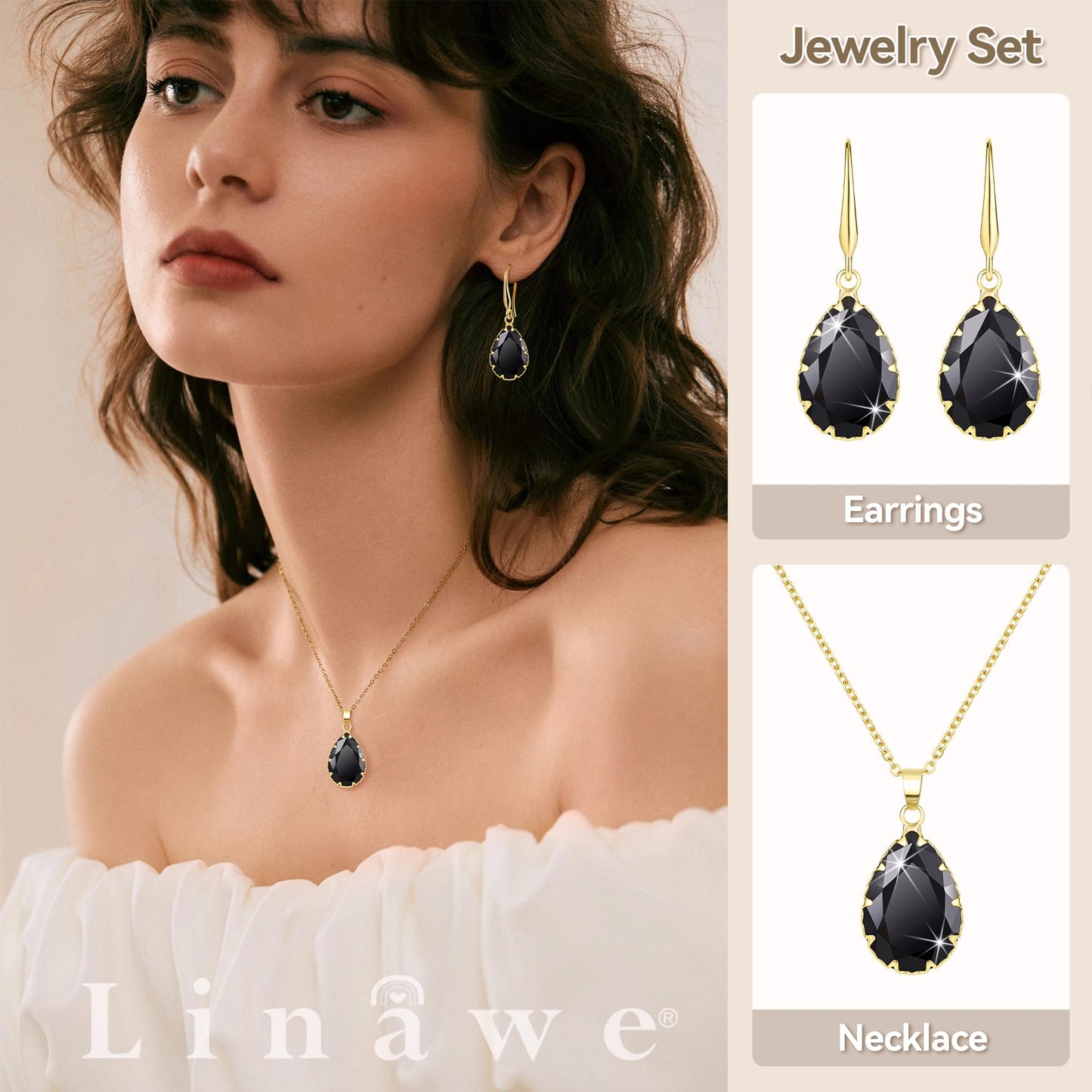 Linawe Gothic Black Jewelry Sets for Women, Crystal Necklace Set Gold Earring Set Pendant Drop Earrings Imitation Diamond Boho Rhinestone Wedding Jewelry Cubic Zirconia Birthstone