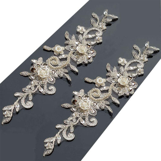 Bling Paillette Rhinestones Lace Appliques Pearl Beaded Bridal Applique Sewing Patch for DIY Wedding Belt Shoes Ivory (2 Pieces)