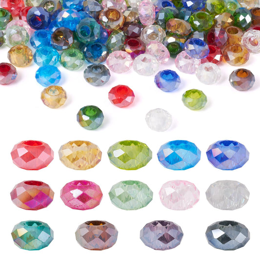 100pcs Glass Faceted European Beads Mixed Color Transparent Rondelle Large Hole Loose Spacer Charm Beads No Metal Core 14x8mm for DIY Bracelet Necklace Jewelry Crafts Making Hole: 5mm