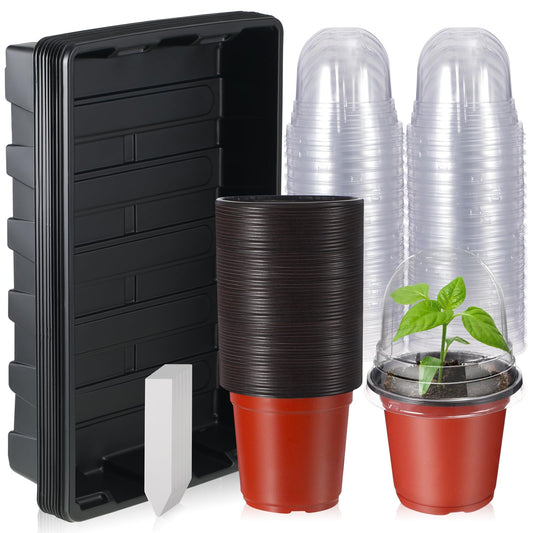 Hushee 70 Pcs Plant Trays Pot Set 10 No Holes Seedling Tray 14.5 x 9 x 2.3 Inch with 60 4 Inch Plastic Clear Plant Nursery Pots Gardening Pot Planting Containers 60 Plant Humidity Dome 60 Plant Labels
