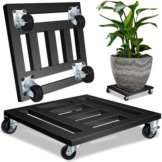 LUBORN Heavy Duty Plant Caddy with Wheels, 16'' Metal Rolling Plant Stand Indoor Outdoor, 2 pcs Square Plant Dolly with Lockable Caster Wheels Holds up 400 Lbs Planter (Black)