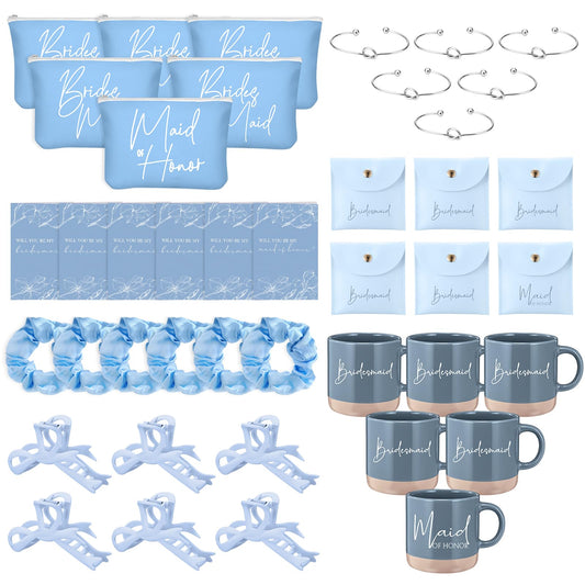 Didaey 42 Pcs 6 Sets Bridesmaid Proposal Gifts, Wedding Favors for Bridesmaids & Maid of Honor Ceramic Coffee Mugs Makeup Bags Invited Cards Scrunchies Bracelets Jewelry Bags Hair Clips(Blue)