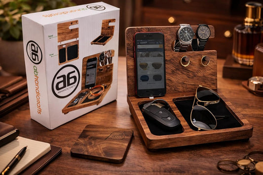 AB Handicrfafts Wooden Docking Station, Nightstand Organizer Wallet, Watch Stand Key Holder for Mom for DAD, Husband