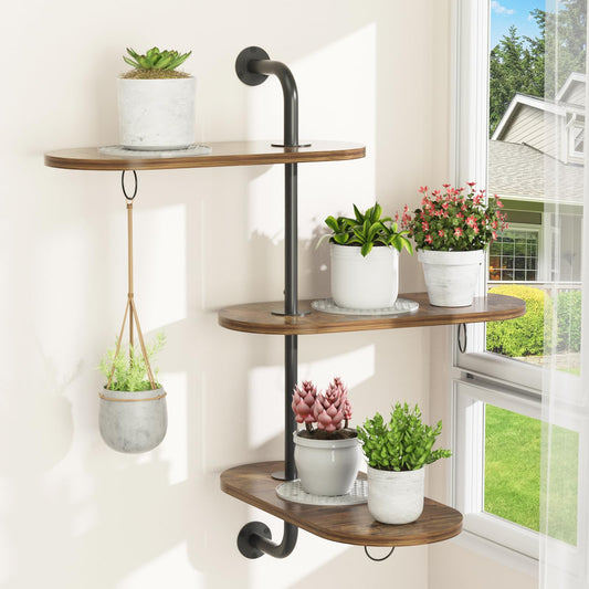 Rotating Window Plant Shelves with 3 Anti-slip Mats, 3 Tier Plant Stand Indoor Outdoor, Wooden Window Plant Shelf with 3 Circle Hook, Hanging Plant Holder for Window, Potted Plants, Flowerpots (Antique Color, 3 Tier)