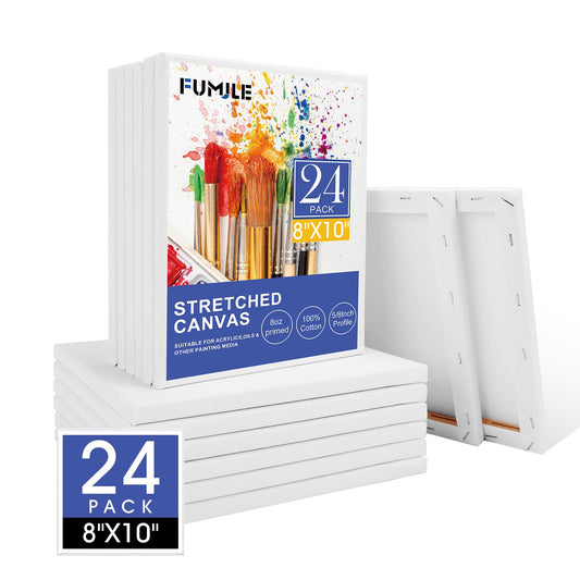 FUMILE 8x10 Canvas for Painting Stretched, 24 Pack Canvases for Painting-5/8 in Profile Primed White Blank Painting Canvas Value Pack for Oil & Acrylic Paint