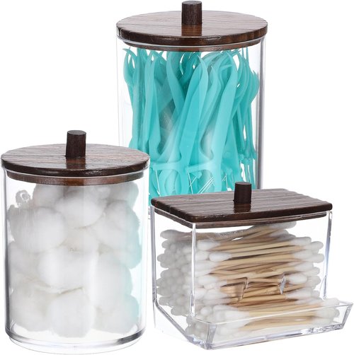Hipiwe Acrylic Cotton Ball Holder - Clear Qtip Canister with Lid | Bathroom Organizer for Cotton Balls, Swabs, Pads - Brown