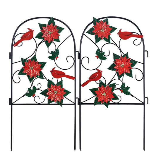 hogardeck Outdoor Christmas Decorations, 2 Pcs Metal Fence Floral Decorative Garden Stakes with Poinsettia Red Birds for Christmas Decor, Yard Signs for Garden Lawn Patio Home
