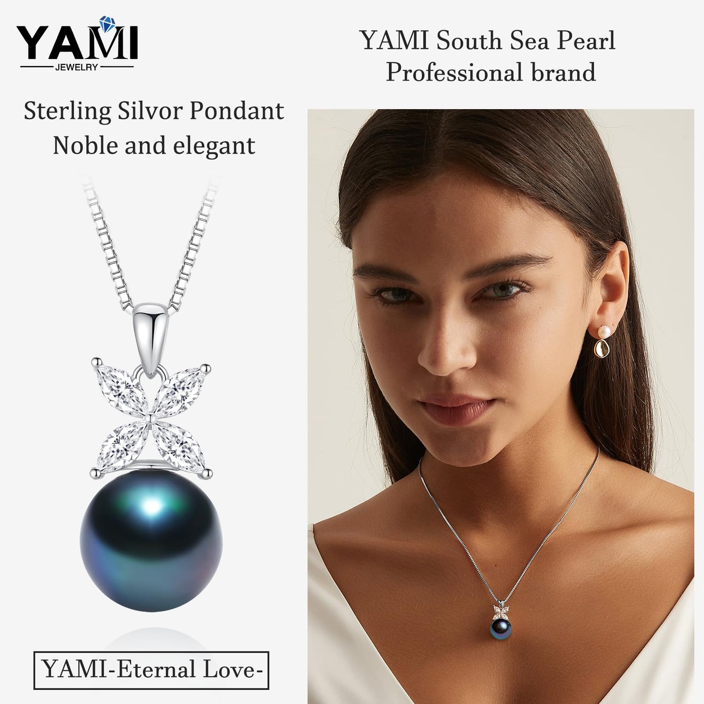YAMI Tahitian Black Pearl Pendant Necklace, 12-13mm Cultured Round Pearls, 925 Sterling Silver with 18+2IN Adjustable Chain, Elegant Mother's Day Jewelry Gift for Women, 4 Leaf Style