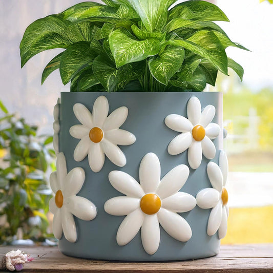GUGUGO 8 Inch Daisy Planters, Decorative Large Plant Pots with Drainage Holes, Funny Unique Flower Pot for Indoor Plants, Colorful Gardening Pot for Boho Modern Home Décor, Blue