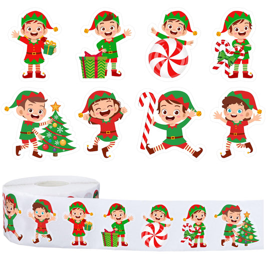 1000Pcs Christmas Stickers Roll 8 Designs Elves Decals Assorted Funny Cartoon Xmas Elf Adhesive Decorative Stickers for Gift Greeting Card Party Supplies