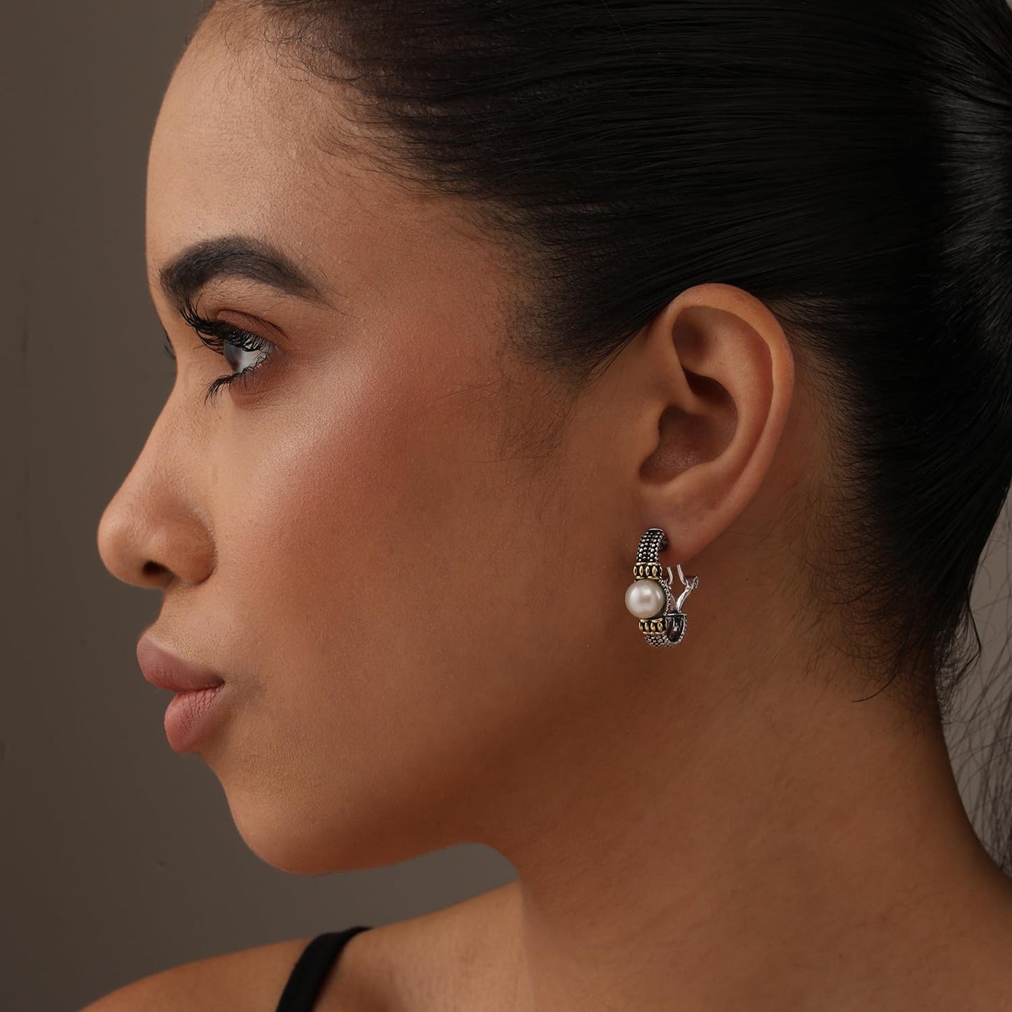 LeCalla 925 Sterling Silver Omega Back Earrings Two-Tone Caviar Beaded Freshwater Pearl Clip-On Omega Back Large Stud Earring for Women - 25MM