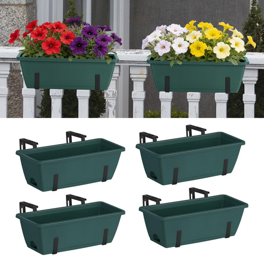 CADUKE 4 Pack Railing Planter Box 16.9 Inches Window Flower Boxes with Metal Brackets Balcony Planters Railing Hanging Fence Planter Plastic Outdoor Deck Railing Planter Boxes, Green