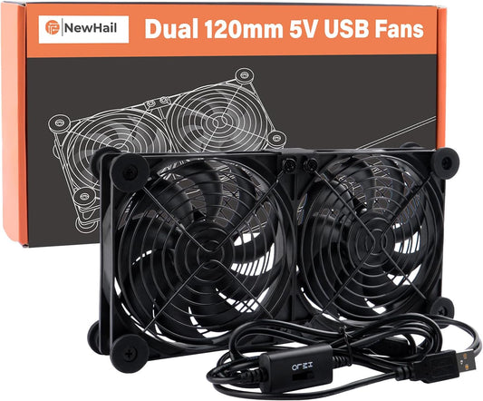 120mm 3-Degree 5V Quiet Dual Router Fan Cooler with L/M/H Speed Controller, DC USB Powered Cooling Case Fan for Router