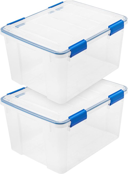 IRIS USA WeatherPro 44 Qt Storage Bins - BPA-Free Plastic with Tight Latch & Seal, Stackable | Clear/Blue, 2 Pack