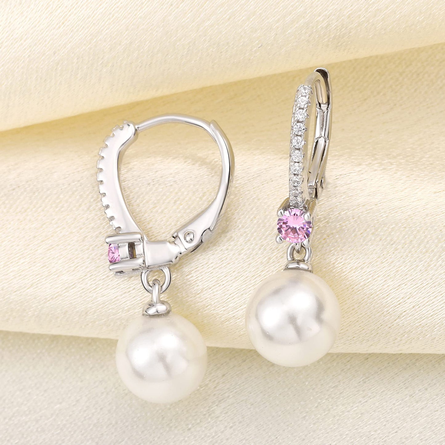 JO WISDOM Pearl Earrings,925 Sterling Silver 8mm Pearl Leverback Drop Earrings with 3A CZ October Birthstone Tourmaline Color,Jewelry for Women