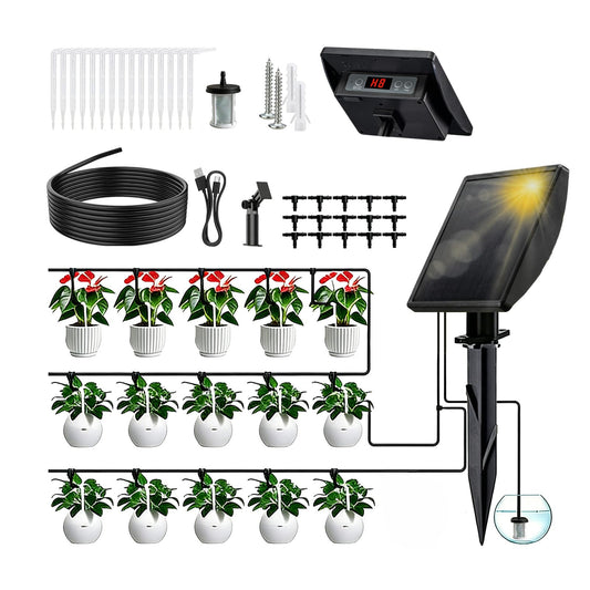 Vonloge 49FT Solar Drip Irrigation System, Automatic Watering Irrigation Kit for 15 Potted Plants, Auto DIY Watering System Plant Water Devices with Timer for Greenhouse Balcony Indoor Outdoor