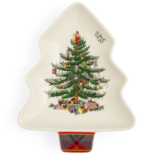 Spode Christmas Tree Tartan Spoon Rest, 7-Inch Tree-Shaped Holiday Utensil Holder, Festive Porcelain Spatula & Ladle Rest, Christmas Kitchen Counter Décor, Dishwasher & Microwave Safe - Hostess Gift