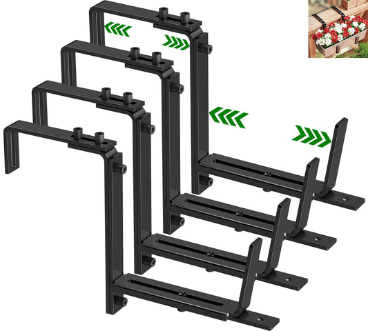HFHOME 4PCS Adjustable Planter Window Box Planters Hanging Flower Box Holders Brackets, Heavy Duty Wall Mount Holder for Windowsills, Garden, Fences, and Balcony - Black