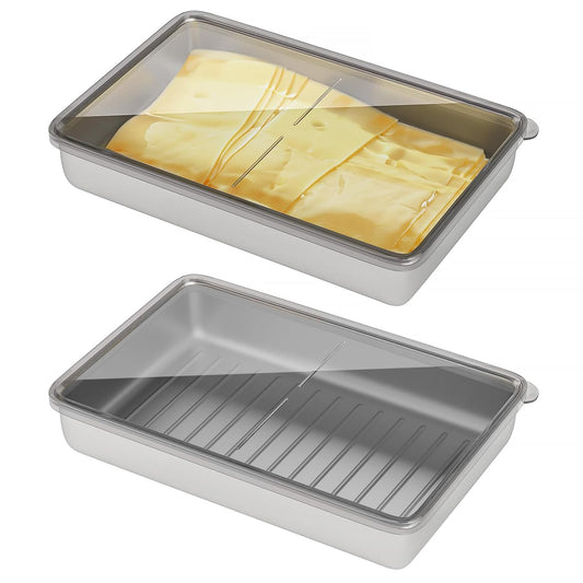 Freshmage Cheese Container for Refrigerator 2 PCS, Stainless Steel Airtight Deli Meat Storage Containers for Fridge Dishwasher Safe Kitchen Fridge Organizers and Storage with Elevated Base……