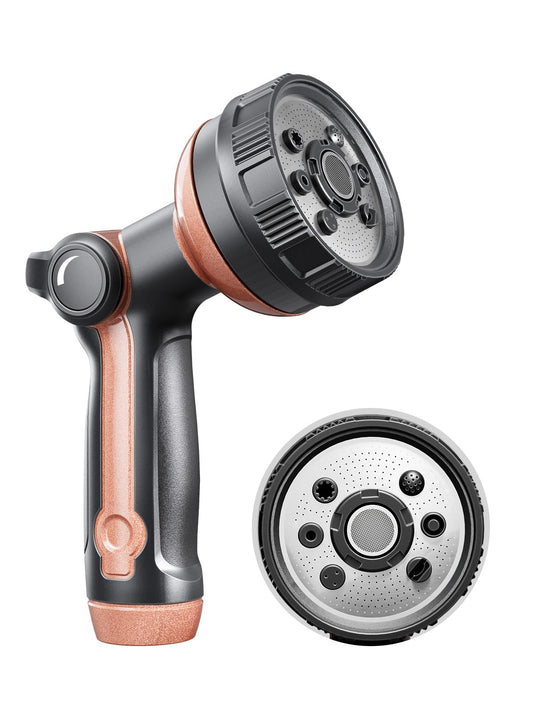 Garden Hose Nozzle, Metal Water Spray Nozzle with 8 Spray Patterns & Thumb Control, Heavy Duty Full Shower Water Nozzle for Lawn & Plant Watering, Car & Pet Washing, Black