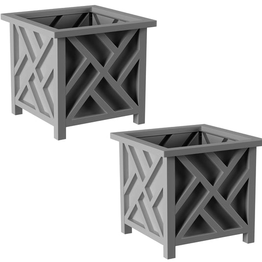 Lattice Design Outdoor Planter Box 2-Pack - 14.75” Square 13” Tall Gray Decorative Plant Pots for Front Porch Decor - Flower Pots Outdoor Planters for Porch Patio or Garden Decor by Pure Garden