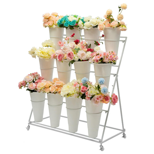 GSHIOIO 3-Tier Flower Display Stand with 12 Buckets, Moving Florist Bouquet Shelf Plant Stand with 4 Universal Wheel for Fresh Flower Shop Indoor Outdoor Patio Garden Weddings Florist Living Room