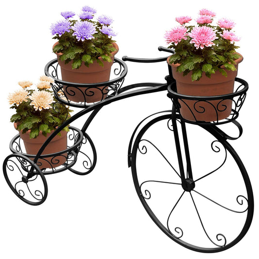Tricycle Plant Stand - Flower Pot Cart Holder Parisian Style (Black) Black Modern Contemporary Round Metal