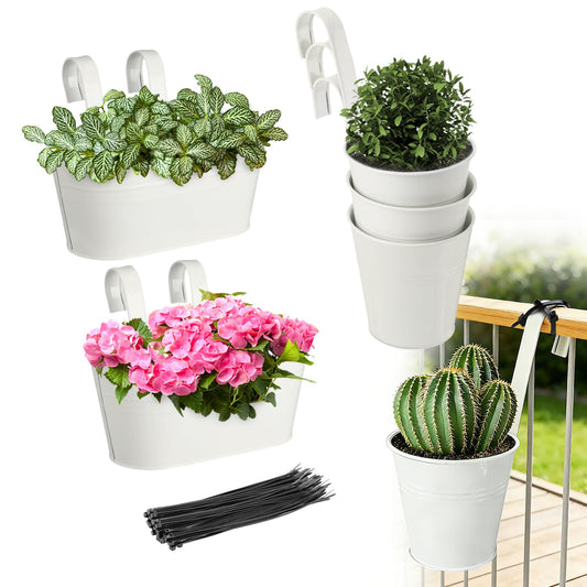 MADHOLLY 6Pcs Railing Planter with Drainage - 10.8" & 5.1" Bucket Pots for Balcony Railing, Metal Iron Hanging Flower Pots for Herb Planter Outdoor Deck & Rail Decor with Hook, White