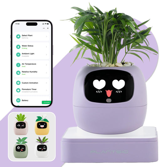 Smart Plant Pot with Visual Display – Soil Moisture, Water Level, Light & Battery Monitor, 80ml Self-Watering Reservoir, Supports 100+ Plants, Pomodoro Timer, Clock & Calendar-Purple