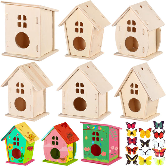 Sawysine 93 Pcs DIY Birdhouse Kits for Kids to Build, 36 Wooden Bird House 6 Shapes and 57 Butterfly Sticker for Children Spring Craft Activity Art Project DIY(Round Entrance)