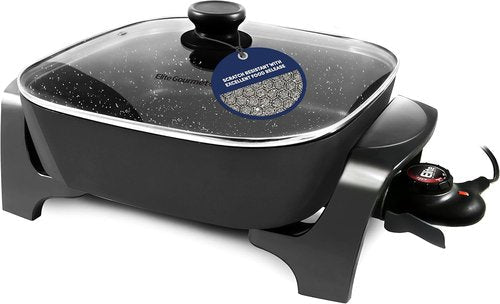 Elite Gourmet Extra Deep Non-Stick Electric Skillet - 12"x12"x3.2" (7.5Qt) with Glass Lid & Adjustable Temp - Black