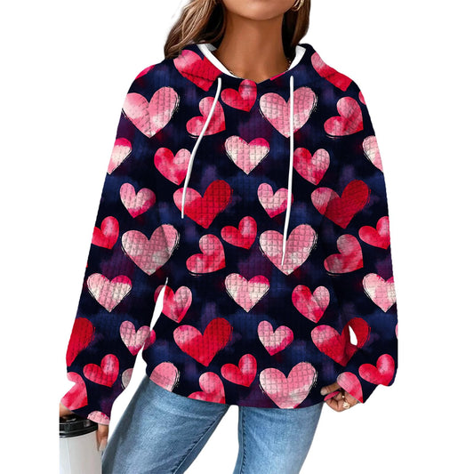 domirica Valentines Day Oversized Hoodie For Women Heart Print Pullover Waffle Long Sleeve Cute Graphic Hooded Sweatshirts Comfy 2025 Spring Fashion Trendy Casual Blouses Wiht Pockets,M
