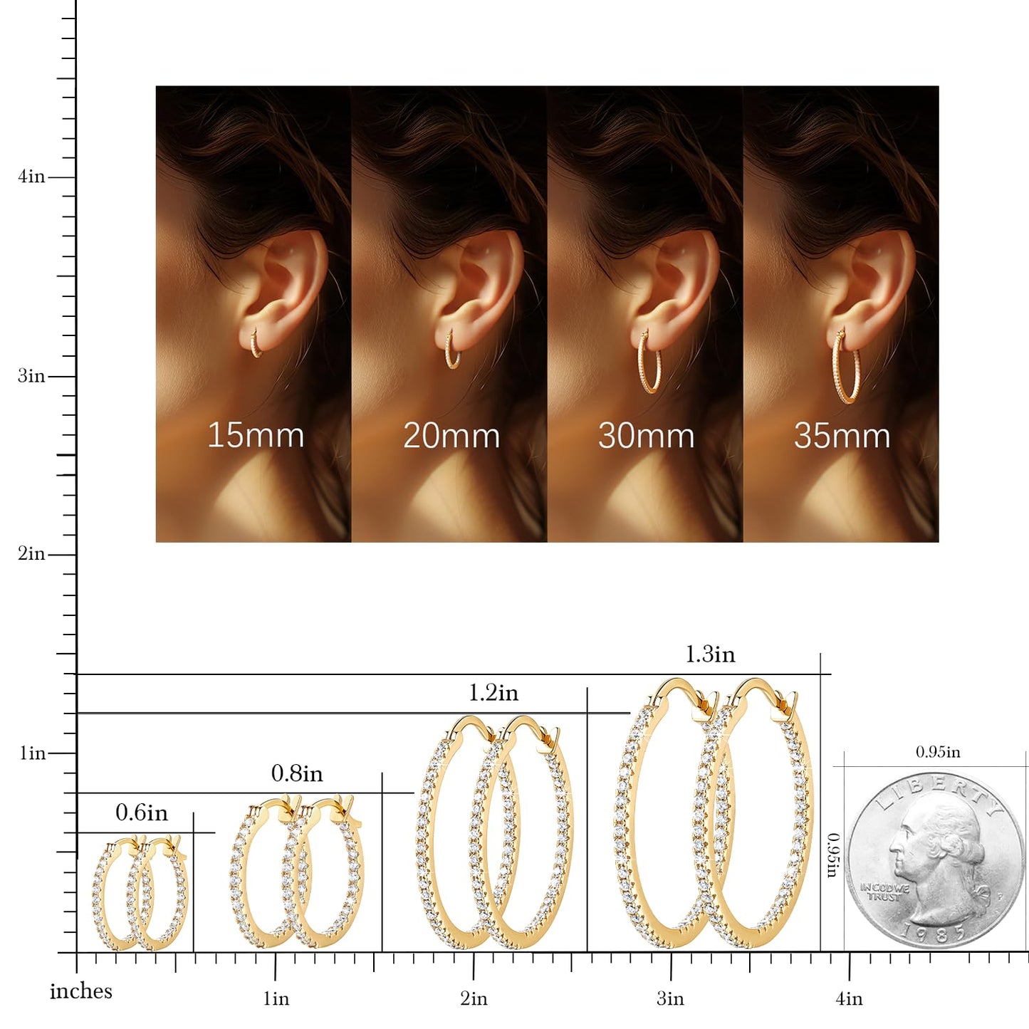 Aidomiya Gold Hoop Earrings 14K Gold Hoop Earrings for Women with Dual-sided Cubic Zirconia Hoops Earring for Women Sensitive Ears Hypoallergenic Womens earring 30MM