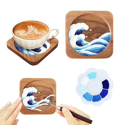 Blauwhim Wooden Coasters Craft Kits – Filigree Enamels Painting DIY Coasters Art Projects Materials & Tools Package – Crafts for Adults, Hobby, Seniors, Women, Teens (Great Waves)