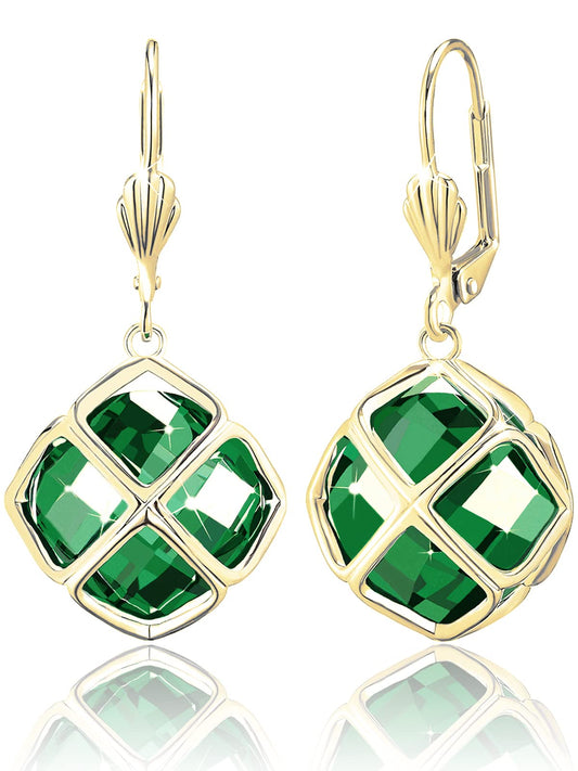 Big Dark Green Crystal Dangle Earrings for Women (May-Emerald-14K Gold)
