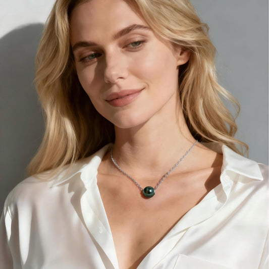 18K Solid White Gold Tahitian Black Pearl Necklace with Sterling Silver Chain, AAAAA 9-10mm Seawater Pearls - Christmas Gift for Wife Mom, Unique Women Jewelry for Wedding Anniversary Birthday