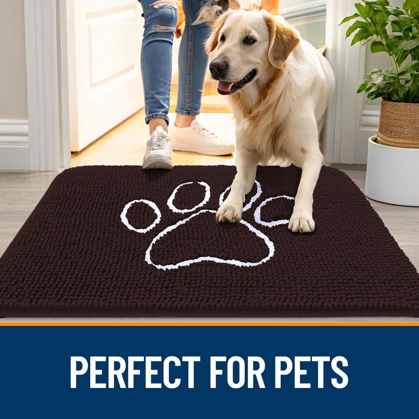 OLANLY Dog Door Mat - Absorbent Non-Slip Mud Mat for Paws | 24x16 Paw Print Design in Brown