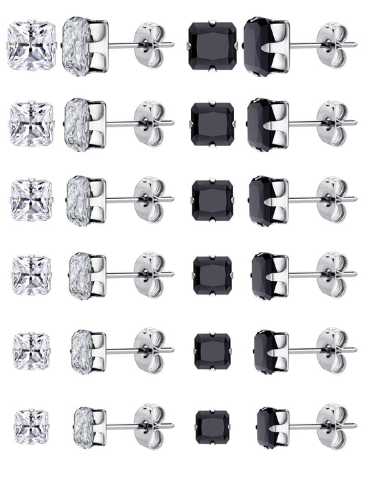 12 Pairs Silver Earrings - Surgical Steel & Zinc Earrings Set - Hypoallergenic Cubic Zirconia Studs - Women's & Men's - 3mm-8mm