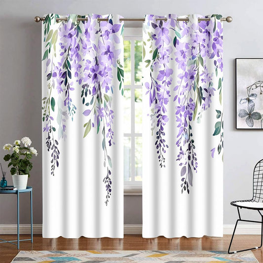 EOTDMS Purple Watercolor Floral Curtains 84 inches Long, Botanical Leaves Vine Wisteria Flowers Rustic Farmhouse Curtains, Blackout Window Treatment Drapes for Bedroom Living Room 52x84inch, 2 Panels