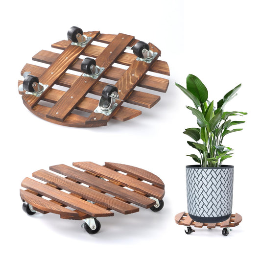 2 Pack 14" Plant Caddy with 5 Wheels, Rolling Plant Stand 220 LB Heavy Duty Wooden Round Plant Dolly with Metal 360° Lockable Caster Wheels for Outdoor Indoor Large Plant Pots, Flower Pot, Patio