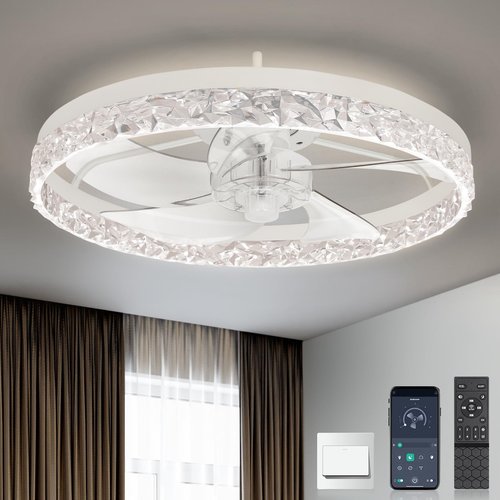 Ltemziiy 19'' Modern Ceiling Fans with Lights, Low Profile Flush Mount Remote Reversible Ceiling Fan White
