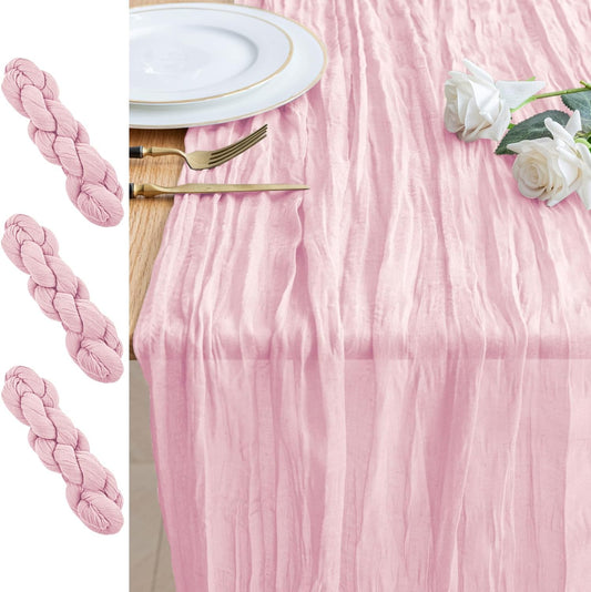 Skiennix 3PCS Table Runner Set - Blushing Pink Boho Gauze Cheesecloth for Summer Weddings & Parties