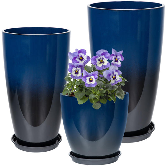 Neoaider 24/21/12 Inch Large Plastic Planter, Lightweight Ceramic-Look Tall Planters with Drain Hole & Saucers, Tall Plastic Planters for Porch, Garden, Patio, Balcony(Dark Blue)