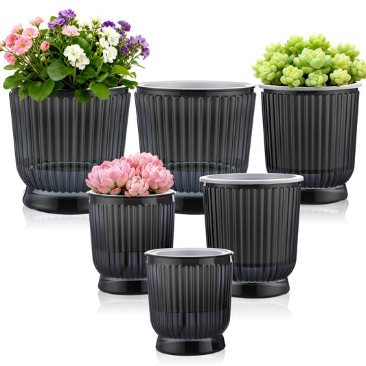 Ferrochef Set of 6 Self Watering Plant Pot 3 Sizes Plastic Double Layer Self Watering Flower Pot with Multi Mesh Drainage Holes Wicking Reservoir for Indoor Outdoor Garden Plants(Black)