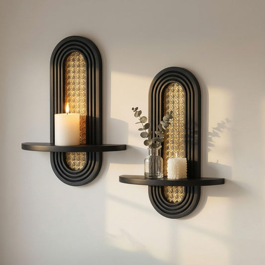 Wall Candle Holder Sconce, Set of 2 Wooden Wall Mounted Candle Holder with Arched Shelf and Gold Metal Vine Detail, Decorative Wall Sconce for Pillar Candles, Living Room Bedroom Entryway Decor