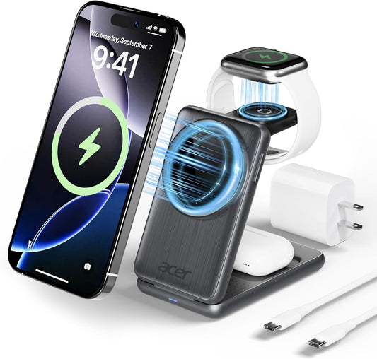 Acer 3 1 S3 in Charging Station for Apple Device, Magnetic Wireless Foldable Fast Charger Stand Compatible with MagSafe