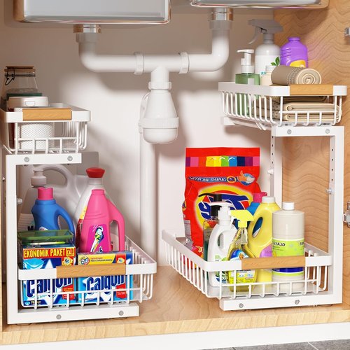 Liuoud Under Sink Organizer - 2 Pack Adjustable 2-Tier Storage Solution for Kitchen & Bathroom - White