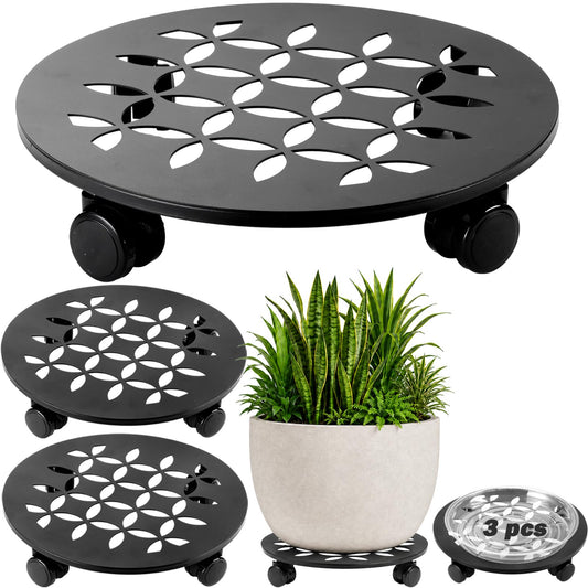 DEELF OUTLET 3 Packs 13.5" Large Metal Plant Caddy with Wheels Heavy-duty Plant Dolly Pot Mover Rollers Rolling Plant Stands Indoor Outdoor Wheeled Plant Holder Coaster Trolley, Black