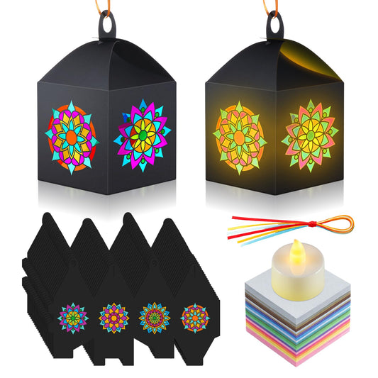 Simgoing 24 Sets Mandala Crafts with LED Candle Light Mandala Flower Tissue Paper Crafts Kits DIY Your Own Suncatchers Lanterns Hanging for Home Birthday Party Decoration Gifts Art Activities
