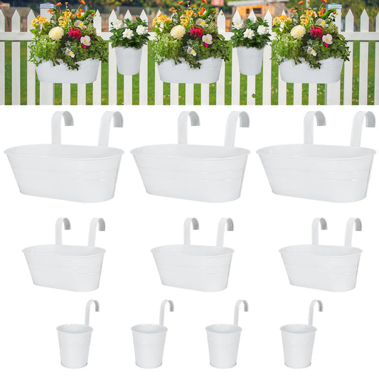 3 Different Size Metal Iron Hanging Flower Pots 10 Pcs for Outdoor Plants Metal Hanging Bucket Pots Iron Railing Fence Planter with Drainage Holes and Hooks for Porch Railing Balcony Fence (White)